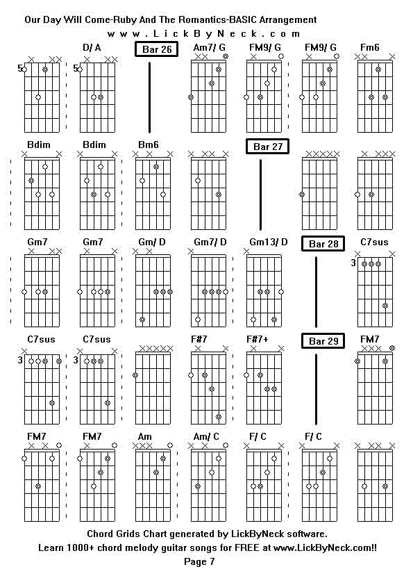 Chord Grids Chart of chord melody fingerstyle guitar song-Our Day Will Come-Ruby And The Romantics-BASIC Arrangement,generated by LickByNeck software.